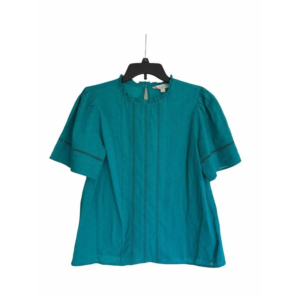 LOFT Green Eyelet Blouse XS 100% Cotton Ruffle Neck Puff Sleeve